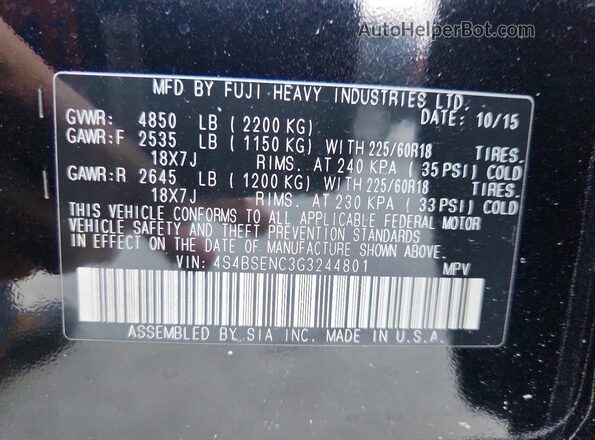 4S4BSENC3G3244801 2016 SUBARU OUTBACK Black ძრავის განყოფილების ხედი