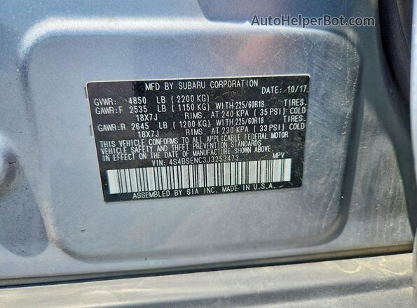 4S4BSENC3J3253473 2018 SUBARU OUTBACK Silver VIN კოდის სტიკერის ხედი