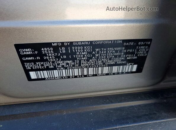 4S4BSENC3J3343402 2018 SUBARU OUTBACK Silver Вид підкапотного простору