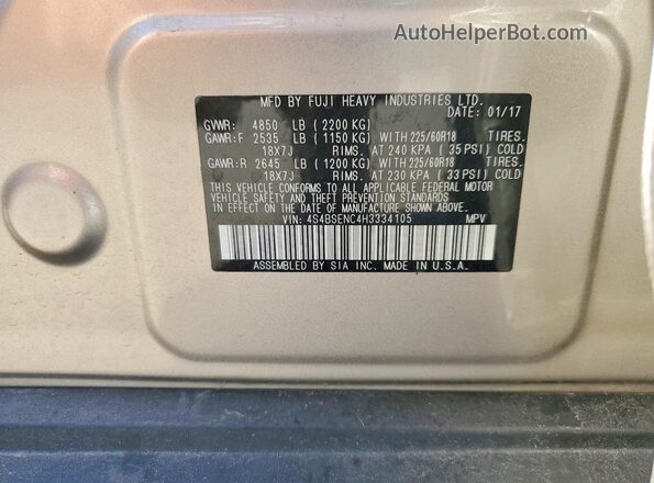 4S4BSENC4H3334105 2017 SUBARU OUTBACK Beige Панорамний вид салону 360°