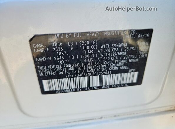 4S4BSENC5G3352031 2016 SUBARU OUTBACK White 