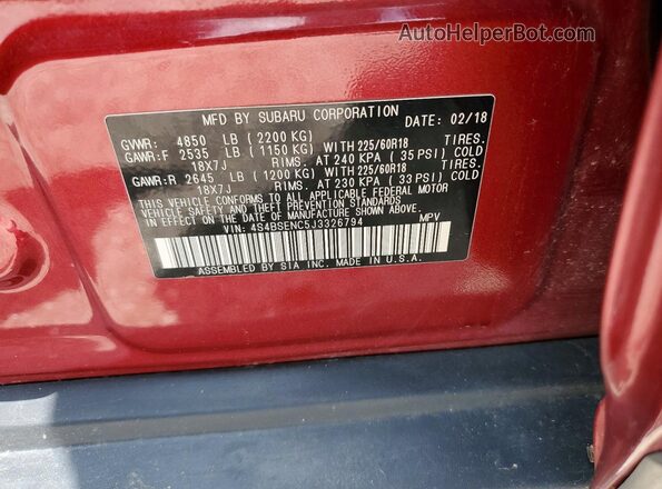 4S4BSENC5J3326794 2018 SUBARU OUTBACK Red Widok naklejki z numerem VIN