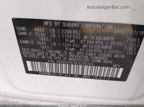4S4BSENC5K3292244 2019 SUBARU OUTBACK White Engine compartment view