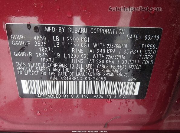 4S4BSENC5K3324058 2019 SUBARU OUTBACK Red Engine compartment view