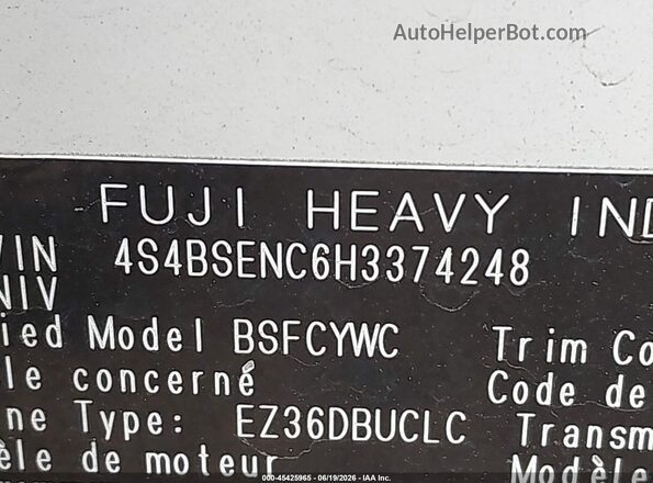 4S4BSENC6H3374248 2017 SUBARU OUTBACK White Vista del compartimento del motor