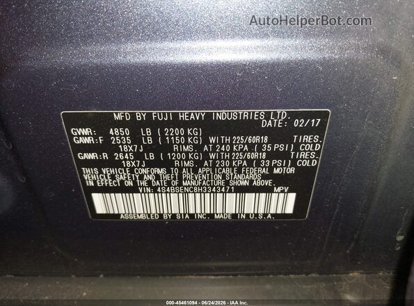 4S4BSENC8H3343471 2017 SUBARU OUTBACK Blue Vista del compartimento del motor