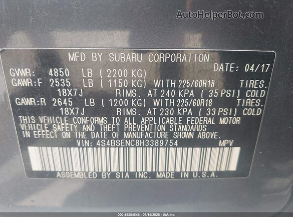 4S4BSENC8H3389754 2017 SUBARU OUTBACK Blue Vista del compartimento del motor