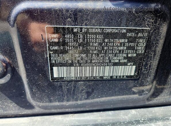4S4BSENC8H3406102 2017 SUBARU OUTBACK Синий Вид наклейки с VIN-кодом