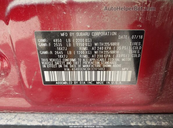 4S4BSENC8K3201483 2019 SUBARU OUTBACK Red ძრავის განყოფილების ხედი