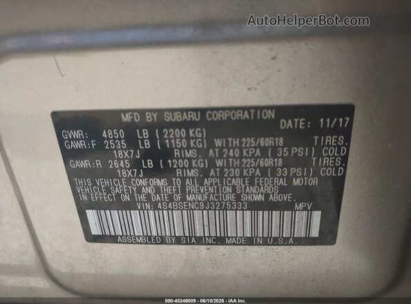 4S4BSENC9J3275333 2018 SUBARU OUTBACK Tan ძრავის განყოფილების ხედი
