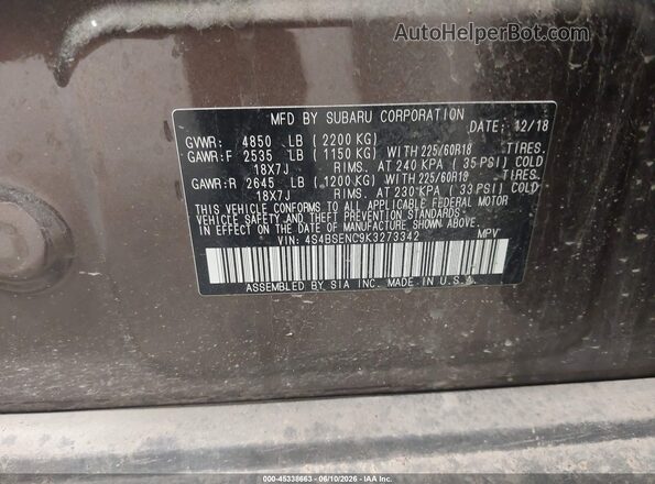 4S4BSENC9K3273342 2019 SUBARU OUTBACK Коричневый 