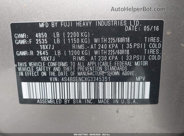 4S4BSENCXG3345351 2016 SUBARU OUTBACK Gold ძრავის განყოფილების ხედი