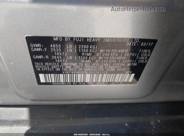 4S4BSENCXH3365326 2017 SUBARU OUTBACK Light Blue ძრავის განყოფილების ხედი