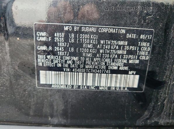4S4BSETC7H3407745 2017 SUBARU OUTBACK Black Вид наклейки з VIN-кодом