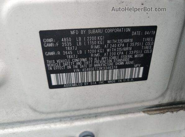 4S4BSETC8K3346378 2019 SUBARU OUTBACK White Панорамний вид салону 360°