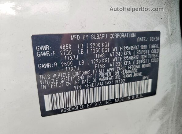 4S4BTAAC1M3119402 2021 SUBARU OUTBACK Белый Вид наклейки с VIN-кодом