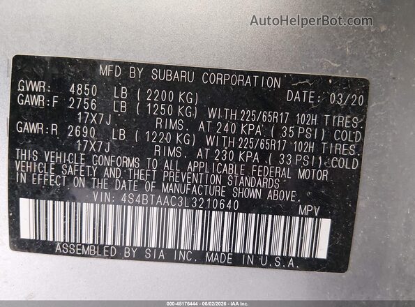 4S4BTAAC3L3210640 2020 SUBARU OUTBACK Silver Engine compartment view