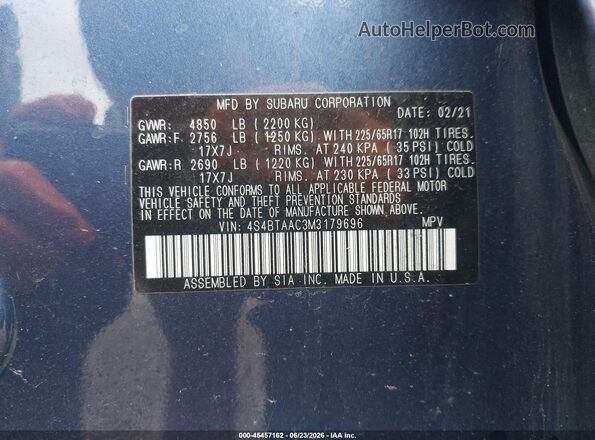 4S4BTAAC3M3179696 2021 SUBARU OUTBACK Синий Вид подкапотного пространства
