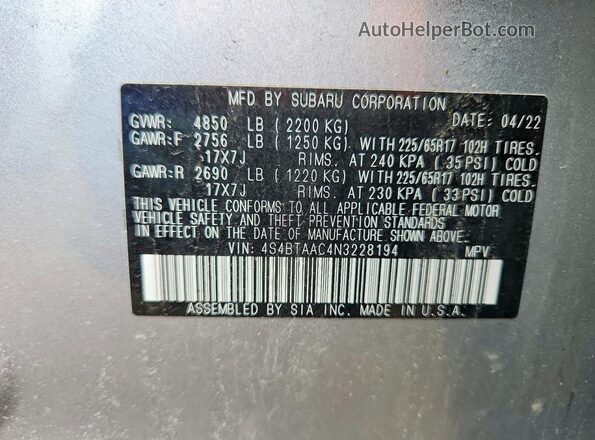 4S4BTAAC4N3228194 2022 SUBARU OUTBACK Silver VIN sticker view
