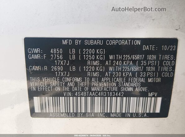 4S4BTAAC4R3183442 2024 SUBARU OUTBACK White Vista del compartimento del motor