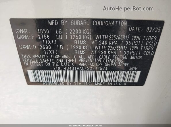 4S4BTAAC4S3216574 2025 SUBARU OUTBACK Белый Вид подкапотного пространства