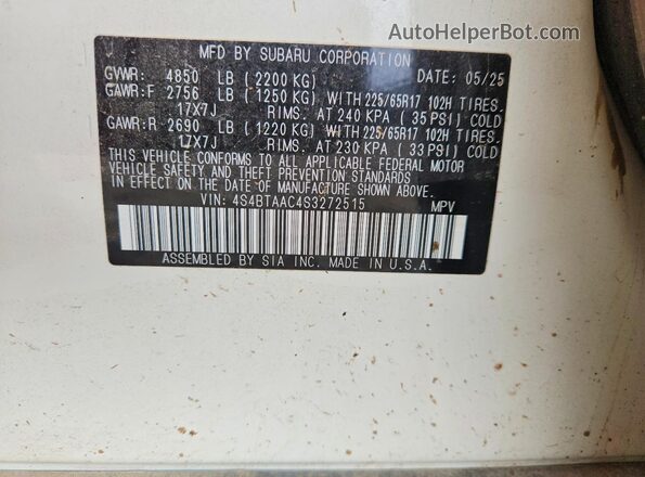 4S4BTAAC4S3272515 2025 SUBARU OUTBACK White Vista de la etiqueta del VIN