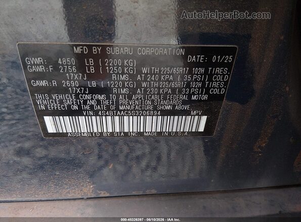 4S4BTAAC5S3206894 2025 SUBARU OUTBACK Blue Widok komory silnika