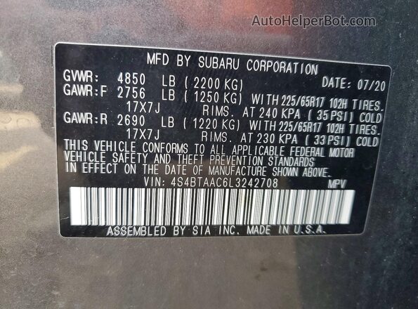 4S4BTAAC6L3242708 2020 SUBARU OUTBACK Gray Սալոնի 360 աստիճան տեսք