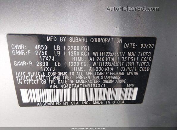 4S4BTAAC7M3104371 2021 SUBARU OUTBACK Silver Вид підкапотного простору