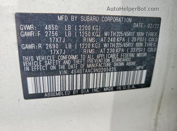4S4BTAAC9N3205025 2022 SUBARU OUTBACK White VIN կոդի պիտակի տեսք