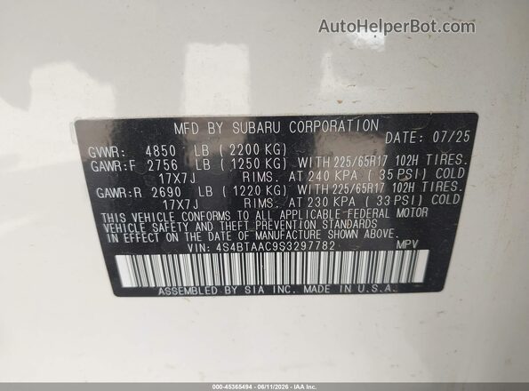 4S4BTAAC9S3297782 2025 SUBARU OUTBACK Белый Вид подкапотного пространства