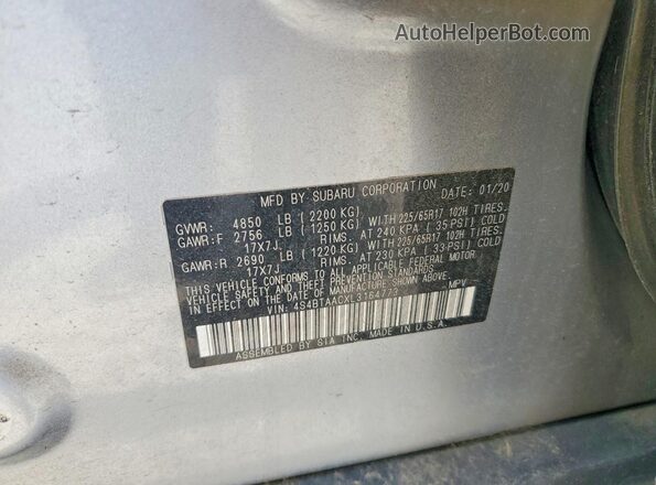 4S4BTAACXL3164773 2020 SUBARU OUTBACK Gray VIN sticker view