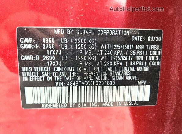 4S4BTACC0L3201830 2020 SUBARU OUTBACK Red 