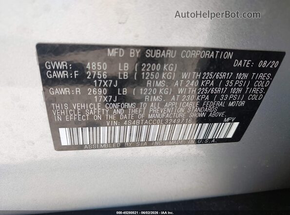 4S4BTACC0L3249716 2020 SUBARU OUTBACK Silver Շարժիչի բաժամունքի տեսք