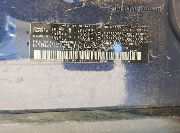 4S4BTACC2R3265506 2024 SUBARU OUTBACK Blue VIN կոդի պիտակի տեսք