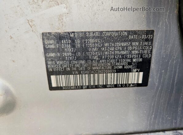 4S4BTACC3N3209939 2022 SUBARU OUTBACK Silver Widok naklejki z numerem VIN