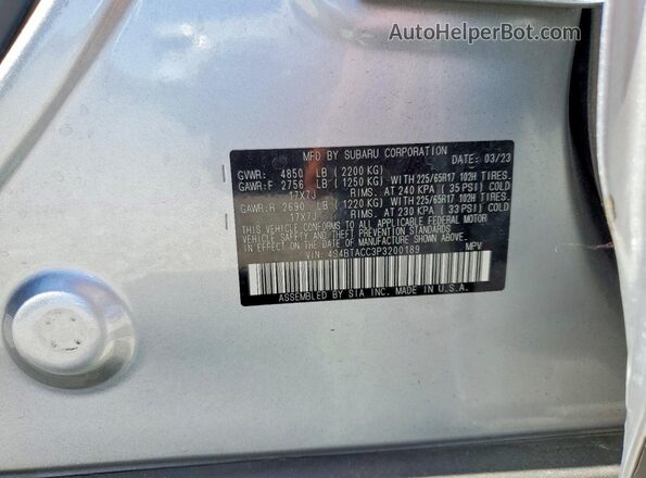 4S4BTACC3P3200189 2023 SUBARU OUTBACK Silver VIN კოდის სტიკერის ხედი