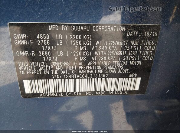 4S4BTACC4L3131362 2020 SUBARU OUTBACK Blue Widok komory silnika
