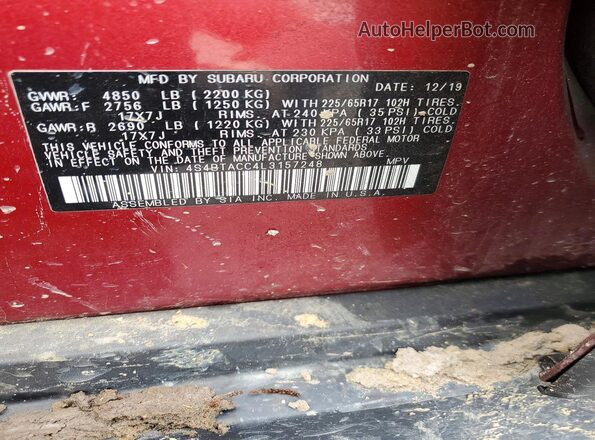4S4BTACC4L3157248 2020 SUBARU OUTBACK Maroon Вид наклейки з VIN-кодом