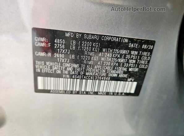 4S4BTACC4L3264848 2020 SUBARU OUTBACK Gray ძრავის განყოფილების ხედი