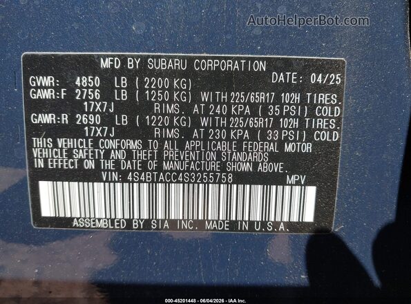 4S4BTACC4S3255758 2025 SUBARU OUTBACK Синий Вид подкапотного пространства