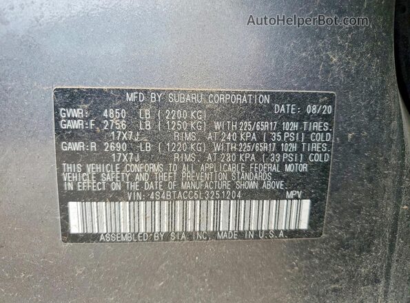 4S4BTACC5L3251204 2020 SUBARU OUTBACK Charcoal Вид наклейки з VIN-кодом