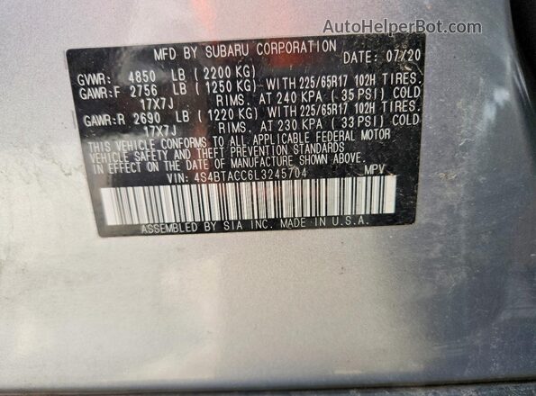 4S4BTACC6L3245704 2020 SUBARU OUTBACK Gray 