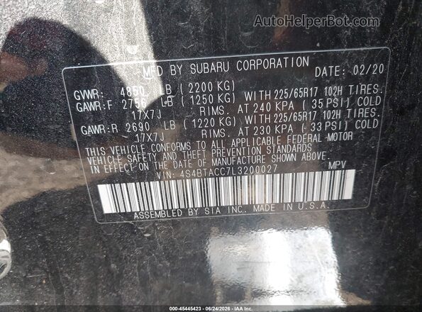 4S4BTACC7L3200027 2020 SUBARU OUTBACK Черный Вид подкапотного пространства
