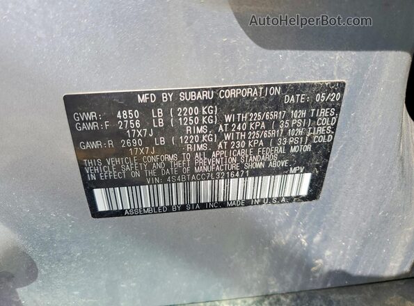 4S4BTACC7L3216471 2020 SUBARU OUTBACK Silver Вид наклейки з VIN-кодом
