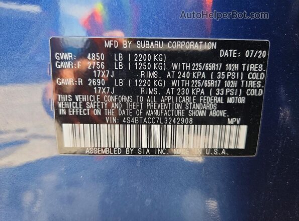 4S4BTACC7L3242908 2020 SUBARU OUTBACK Blue VIN sticker view