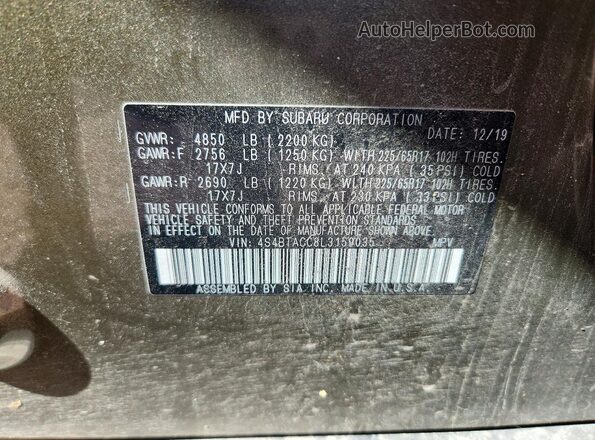 4S4BTACC8L3159035 2020 SUBARU OUTBACK Green Widok naklejki z numerem VIN