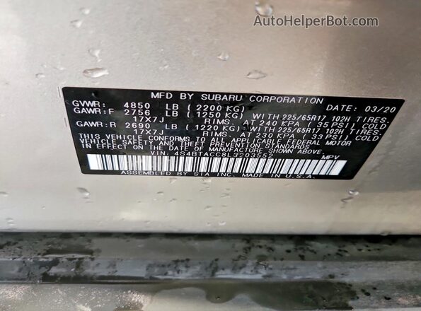 4S4BTACC8L3203552 2020 SUBARU OUTBACK Tan Vista de la etiqueta del VIN