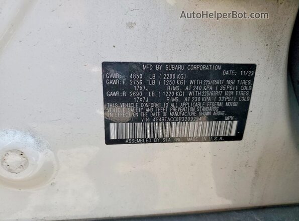 4S4BTACC8R3209294 2024 SUBARU OUTBACK White Вид наклейки з VIN-кодом
