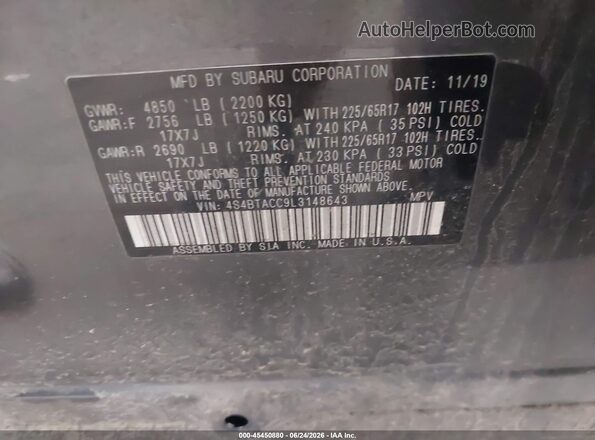4S4BTACC9L3148643 2020 SUBARU OUTBACK Gray ძრავის განყოფილების ხედი